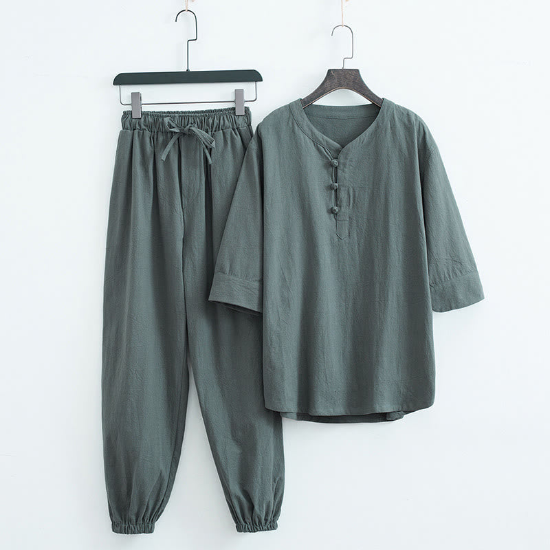 Buddha Stones無地の伝統的な半袖Tシャツとパンツのメンズ服セット - グリーン（トップス＆パンツ） - US/UK/AU44、 EU54 (4XL) - image 0