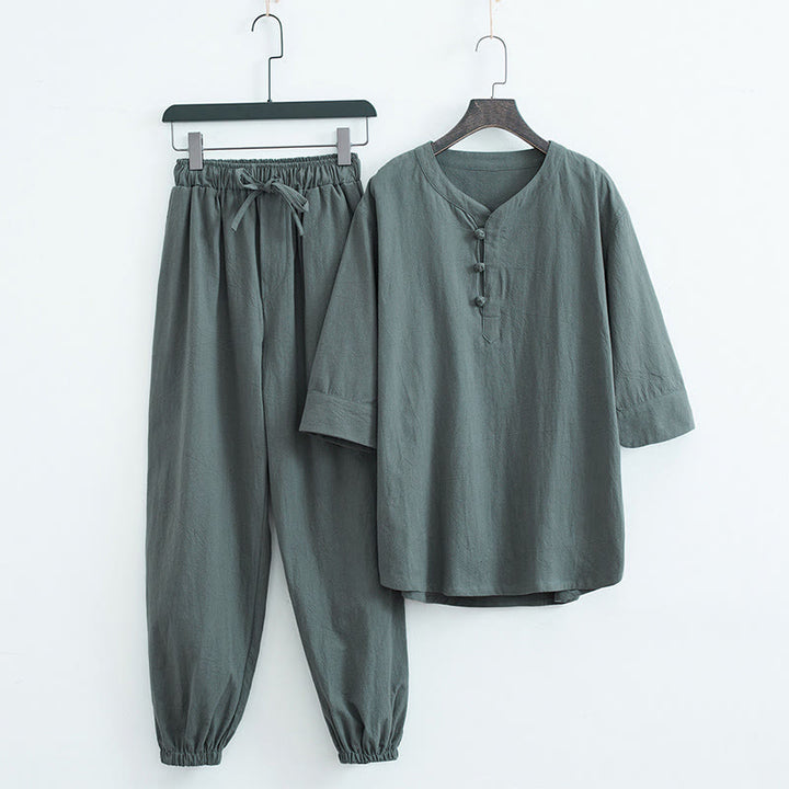 Buddha Stones無地の伝統的な半袖Tシャツとパンツのメンズ服セット - グリーン（トップス＆パンツ） - US/UK/AU44、 EU54 (4XL) - image 0