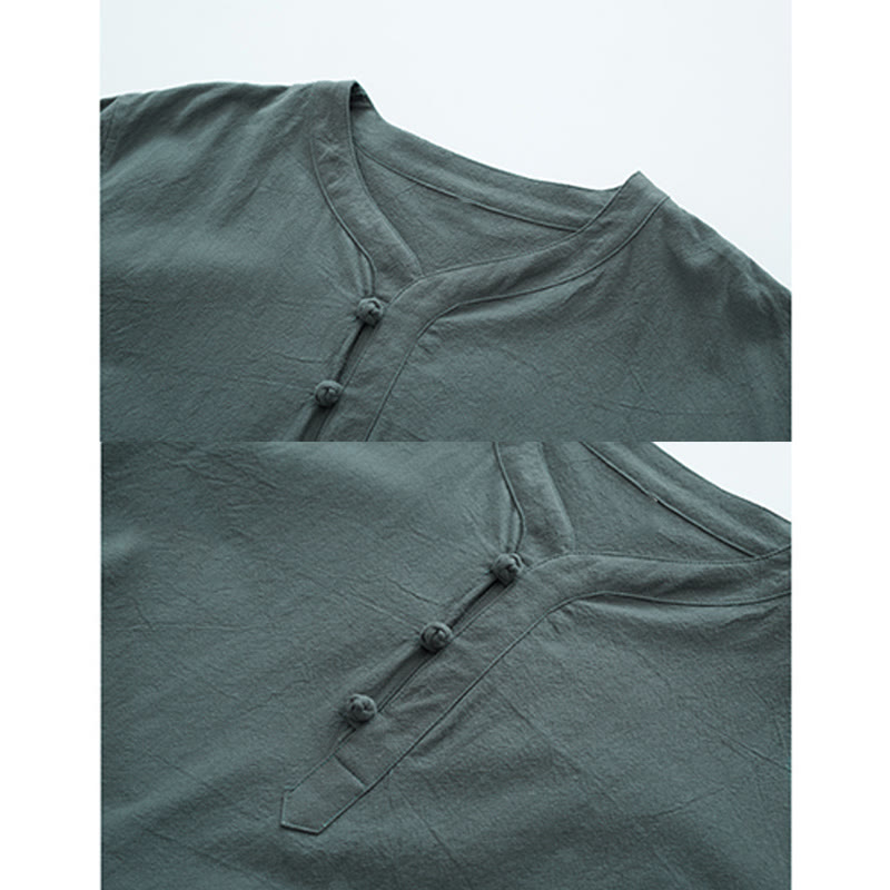 Buddha Stones無地の伝統的な半袖Tシャツとパンツのメンズ服セット - image 1