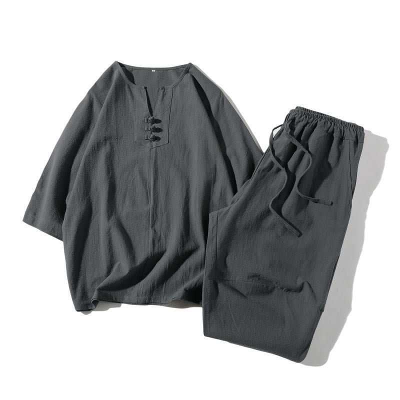 Buddha Stones2枚組 無地ノッチカラーTシャツ ワイドレッグショーツ ポケット付き メンズ瞑想服セット - スレートグレー - US/UK/AU46、 EU56 (5XL) - image 0