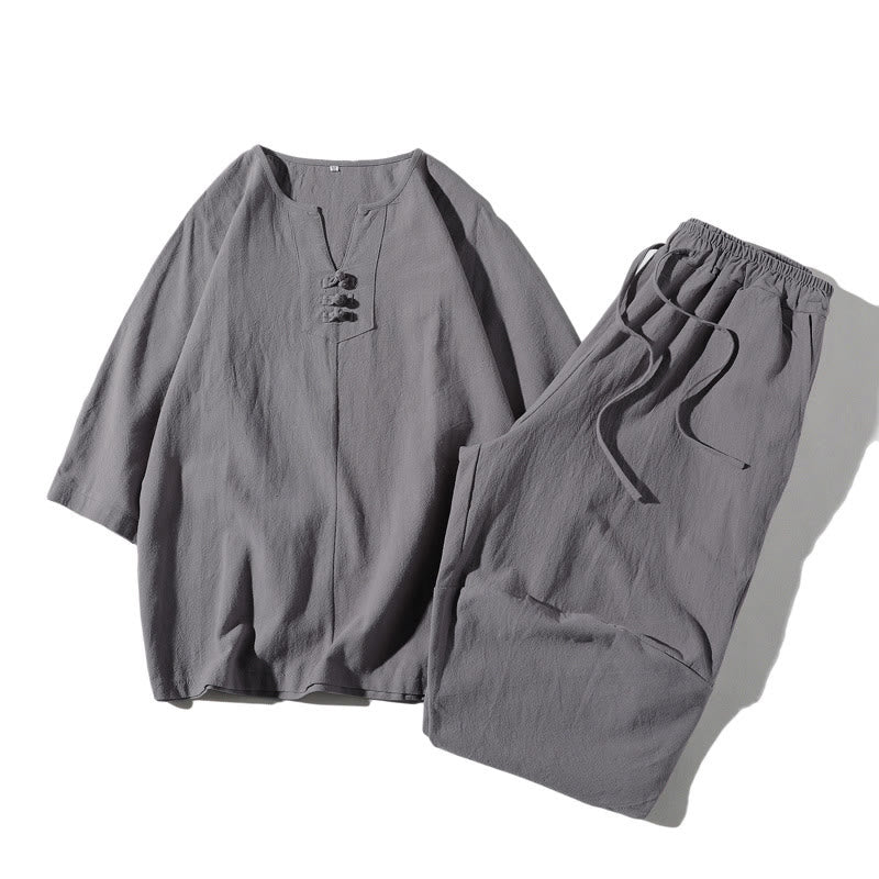 Buddha Stones2枚組 無地ノッチカラーTシャツ ワイドレッグショーツ ポケット付き メンズ瞑想服セット - 銀 - US/UK/AU46、 EU56 (5XL) - image 20