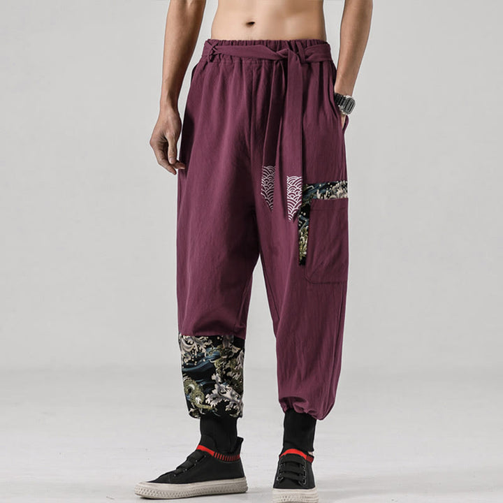 Buddha Stonesと海の波模様のレースアップメンズハーレムパンツ（ポケット付き） - image 14