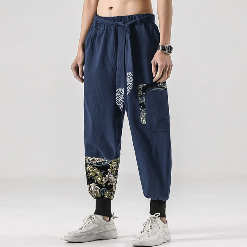 Buddha Stonesと海の波模様のレースアップメンズハーレムパンツ（ポケット付き） - image 33