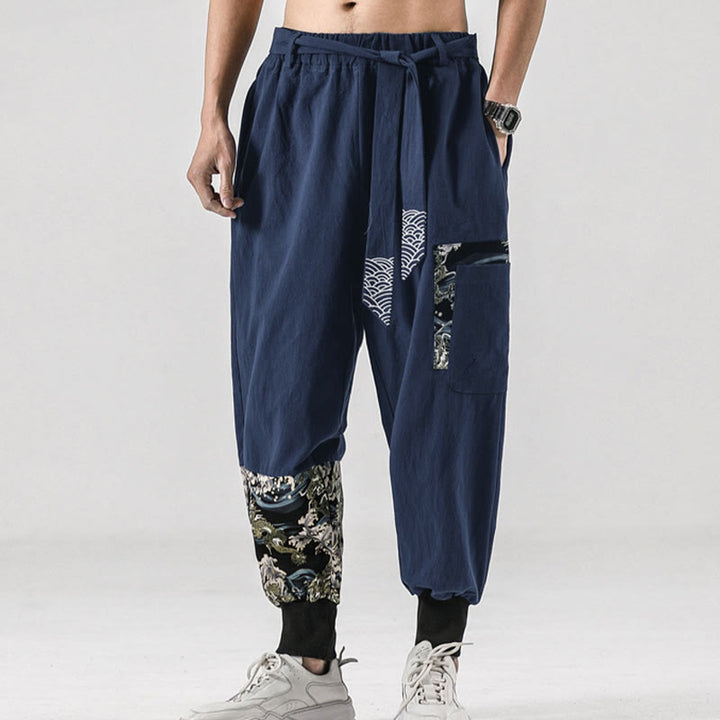 Buddha Stonesと海の波模様のレースアップメンズハーレムパンツ（ポケット付き） - image 34