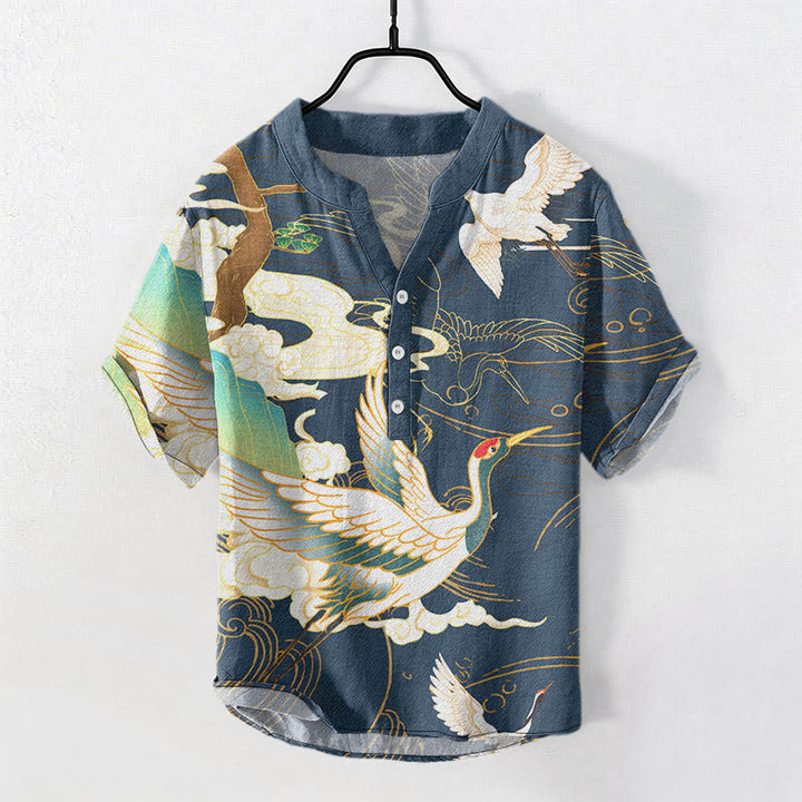 Buddha Stones 綿鶴吉祥雲松柄メンズ半袖ハーフボタンシャツ - スチールブルー - US/UK/AU50、EU60（5XL） - image 4