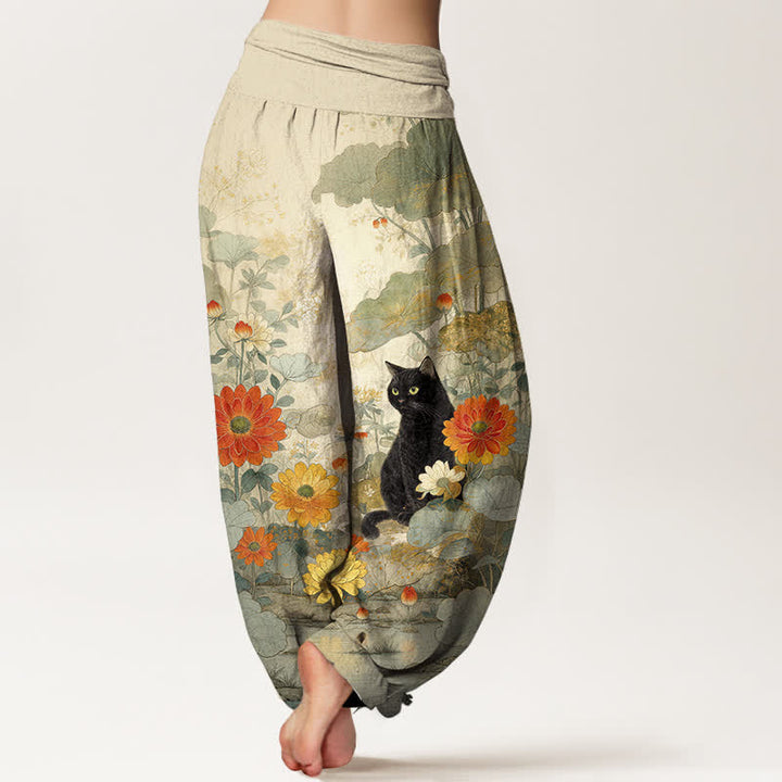 Buddha Stones ピュアコットン ヴィンテージ ブラックキャット 花柄 レディース ゴムウエスト ハーレムパンツ - image 6