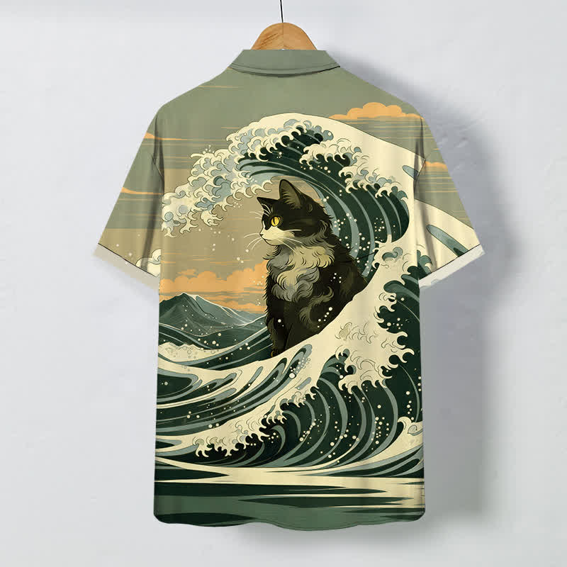 Buddha Stones グレートウェーブ 黒猫柄ボタン 通気性 メンズ半袖シャツ - image 6
