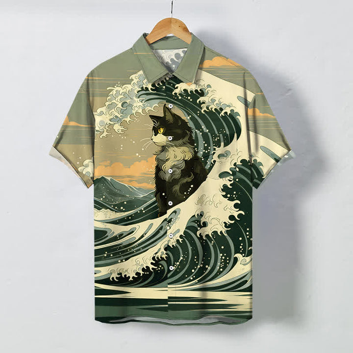 Buddha Stones グレートウェーブ 黒猫柄ボタン 通気性 メンズ半袖シャツ - オリーブドラブ - US/UK/AU48、 EU58 (4XL) - image 5