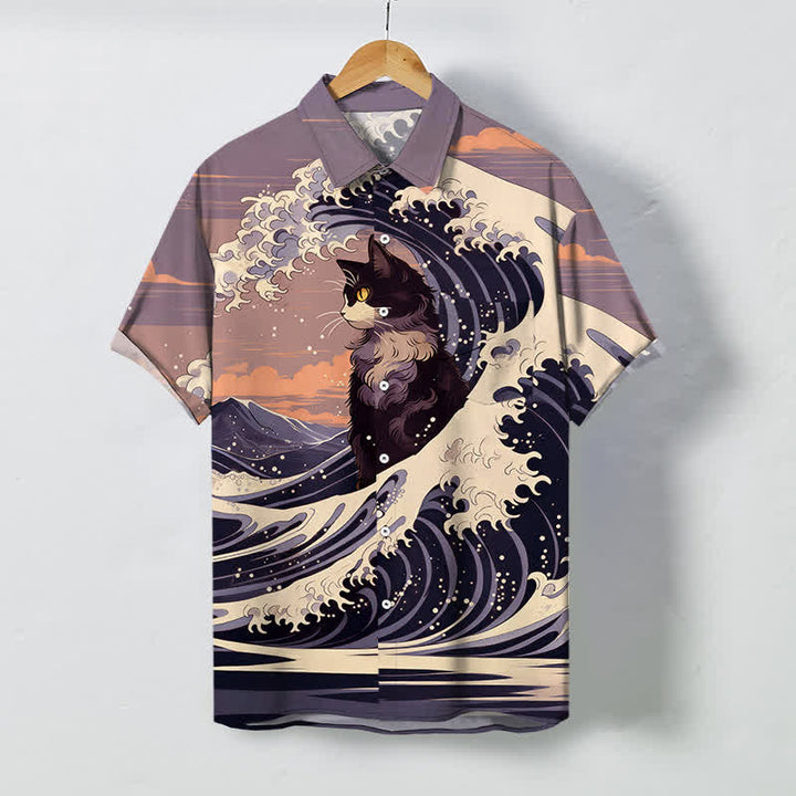 Buddha Stones グレートウェーブ 黒猫柄ボタン 通気性 メンズ半袖シャツ - アザミ - US/UK/AU48、 EU58 (4XL) - image 7