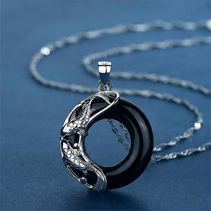 Buddha Stones 白翡翠 鯉チャーム 幸運のお守りネックレス ギフトにも - 黒曜石（浄化♥力） - image 8