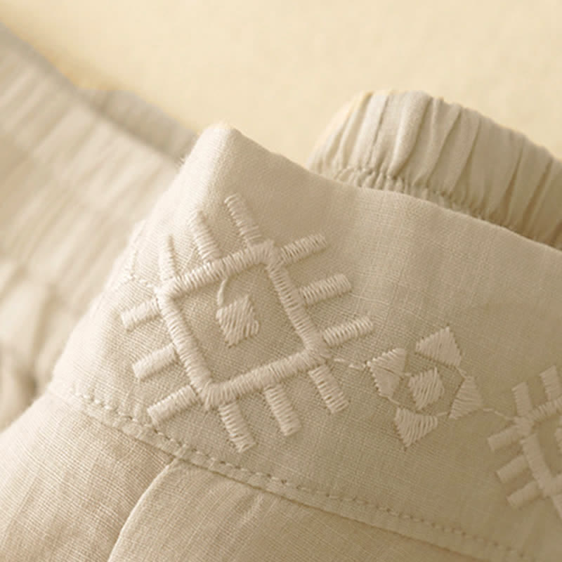 Buddha Stonesの幾何学模様刺繍入り伸縮性ウエストレディースコットンリネンワイドレッグパンツ（ポケット付き） - image 15