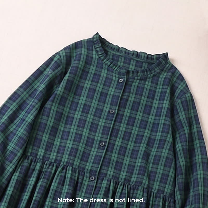 Buddha Stonesロングスリーブ チェック柄 シンプルボタン フリルデザイン ミディドレス ポケット付き - image 1
