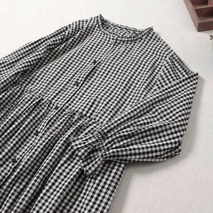 Buddha Stonesロングスリーブ チェック柄 シンプルボタン フリルデザイン ミディドレス ポケット付き - image 12