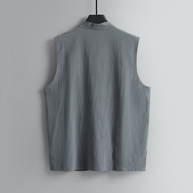 Buddha Stones 夏用唐風瞑想カエルボタン無地リネンVネックノースリーブシャツパンツメンズ瞑想服（ポケット付き）2点セット - image 4