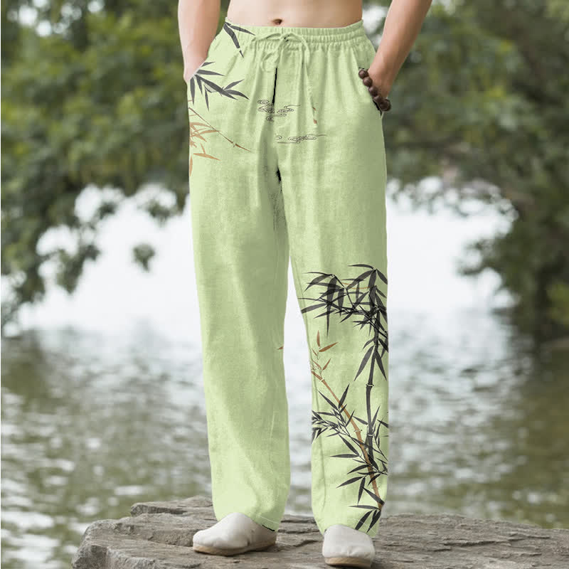 Buddha Stones コットンインク竹柄メンズテーパードパンツ（ポケット付き） - ライトグリーン - US/UK/AU50、EU60（5XL） - image 4
