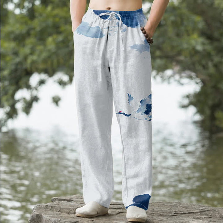 Buddha Stones 綿素材、タンチョウヅル柄、メンズテーパードパンツ（ポケット付き） - 水色 - US/UK/AU50、EU60（5XL） - image 0