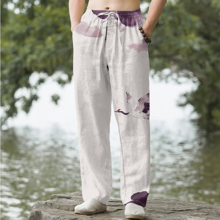 Buddha Stones 綿素材、タンチョウヅル柄、メンズテーパードパンツ（ポケット付き） - アザミ - US/UK/AU50、EU60（5XL） - image 4