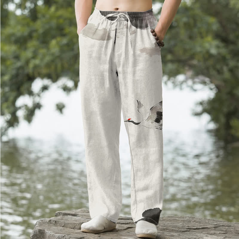 Buddha Stones 綿素材、タンチョウヅル柄、メンズテーパードパンツ（ポケット付き） - 黒 - US/UK/AU50、EU60（5XL） - image 6