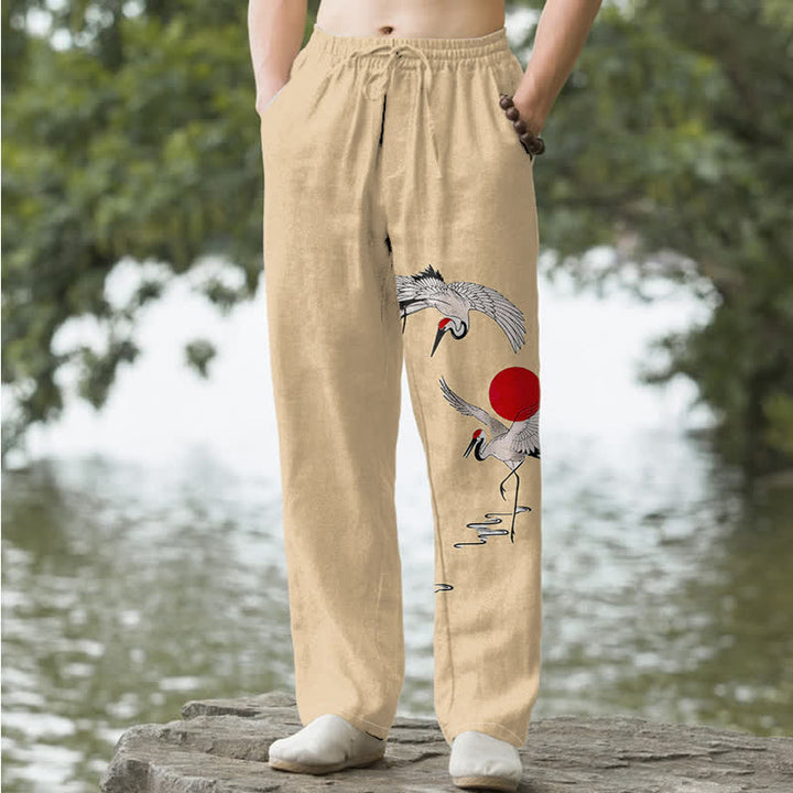 Buddha Stones 綿素材、赤い太陽鶴柄、メンズテーパードパンツ（ポケット付き） - 小麦 - US/UK/AU50、EU60（5XL） - image 4