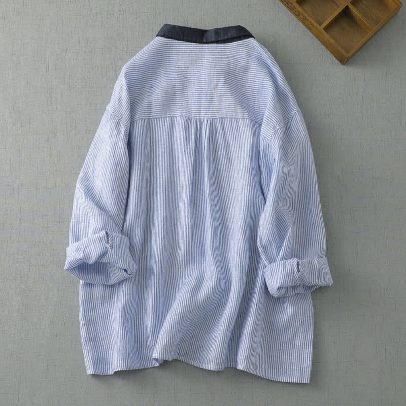 Buddha Stones 夏物カジュアルタンスタイルボタンアップストライプ柄レディース長袖シャツ（ポケット付き） - image 1