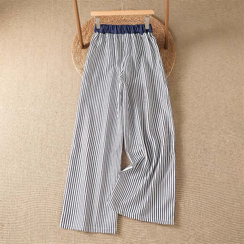 Buddha Stones 夏物カジュアル ドローストリング ストライプ ロングパンツ レディース ワイドレッグパンツ ポケット付き - image 1