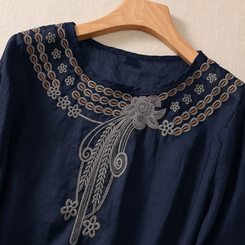 Buddha Stonesの無地花柄刺繍デザイン クルーネック パフスリーブ ハーフスリーブ レディースTシャツ - image 2