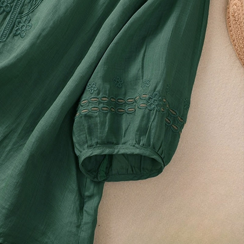 Buddha Stonesの無地花柄刺繍デザイン クルーネック パフスリーブ ハーフスリーブ レディースTシャツ - image 23
