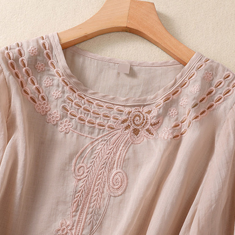 Buddha Stonesの無地花柄刺繍デザイン クルーネック パフスリーブ ハーフスリーブ レディースTシャツ - image 6