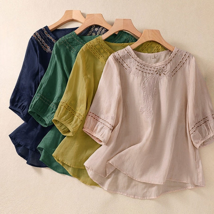 Buddha Stonesの無地花柄刺繍デザイン クルーネック パフスリーブ ハーフスリーブ レディースTシャツ - image 25
