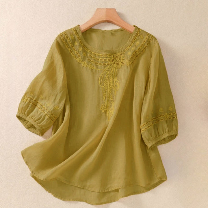Buddha Stonesの無地花柄刺繍デザイン クルーネック パフスリーブ ハーフスリーブ レディースTシャツ - ダークゴールデンロッド - US8-10，UK/AU12-14，EU40-42 (2XL) - image 12