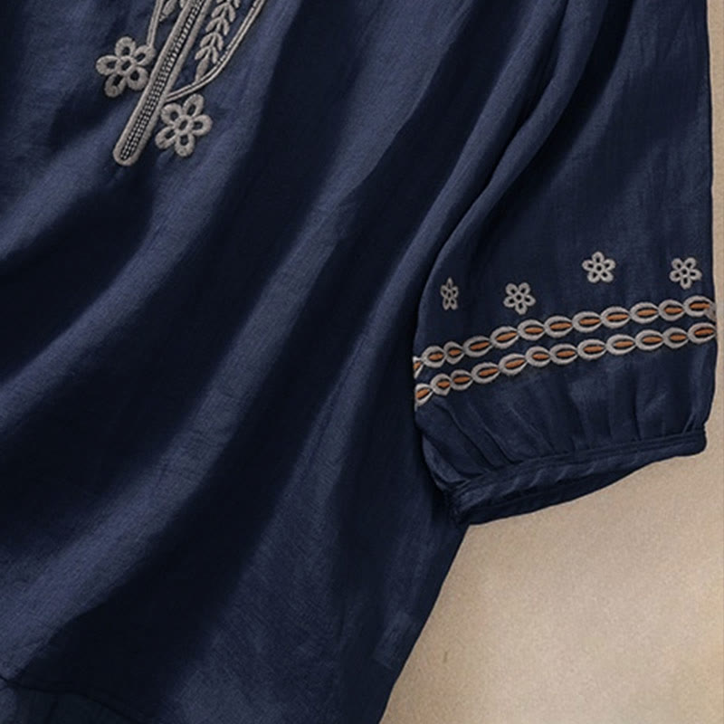 Buddha Stonesの無地花柄刺繍デザイン クルーネック パフスリーブ ハーフスリーブ レディースTシャツ - image 3