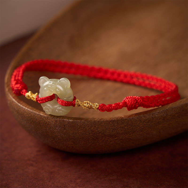 Buddha Stones 翡翠の虎頭ピース平和のお守りチャーム赤紐の豊かさブレスレット - image 2