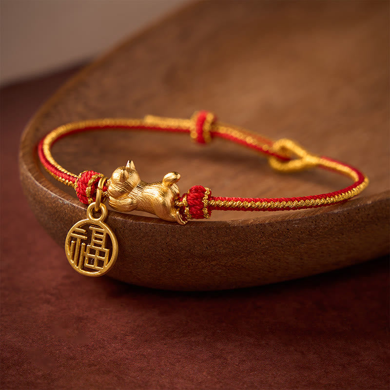 Buddha Stones 寝そべった猫の傅の文字が描かれた銅製の赤紐の手織り豊かさブレスレット - image 1