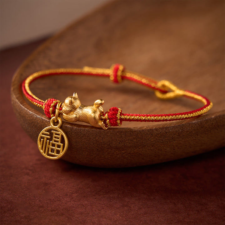 Buddha Stones 寝そべった猫の傅の文字が描かれた銅製の赤紐の手織り豊かさブレスレット - image 1