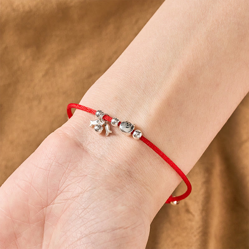Buddha Stones 925スターリングシルバー製 かわいい猫と魚の赤紐の良縁祈願ブレスレット - image 4