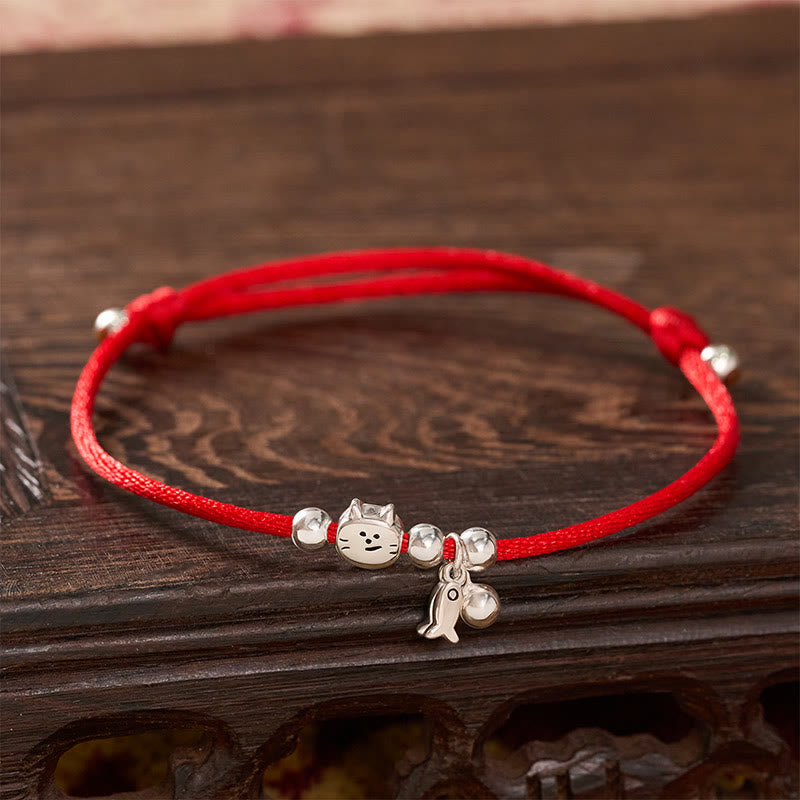 Buddha Stones 925スターリングシルバー製 かわいい猫と魚の赤紐の良縁祈願ブレスレット - image 1