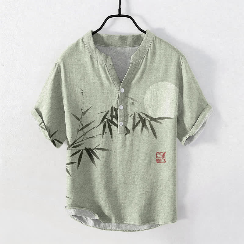 Buddha Stones コットンインク 竹月柄 メンズ 半袖ハーフボタンシャツ - ライトグリーン - US/UK/AU50、EU60（5XL） - image 0