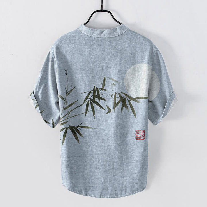 Buddha Stones コットンインク 竹月柄 メンズ 半袖ハーフボタンシャツ - image 4