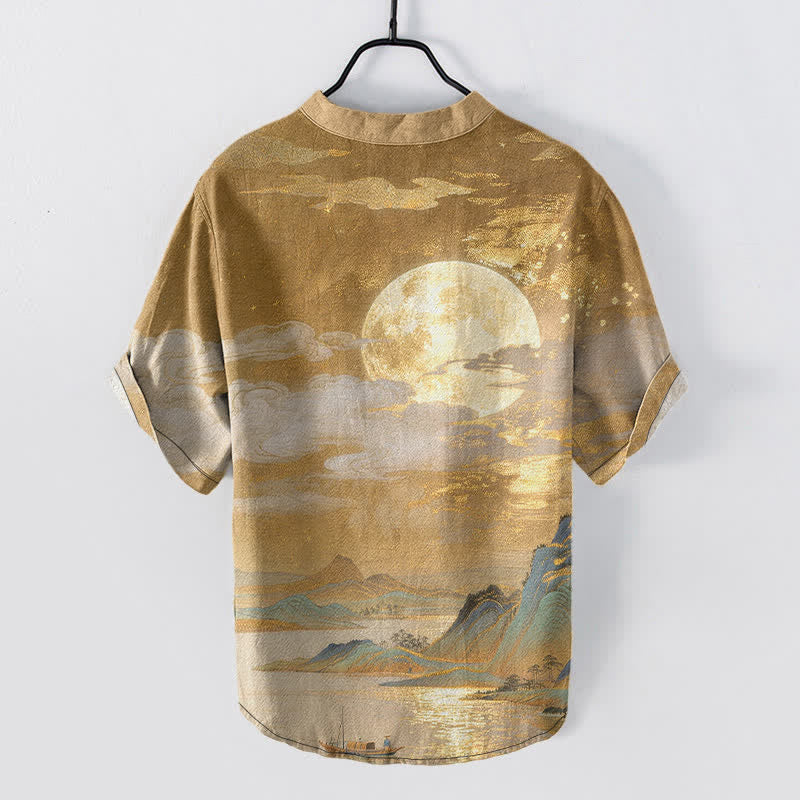 Buddha Stones コットン製 月雲山柄 メンズ 半袖ハーフボタンシャツ - image 1