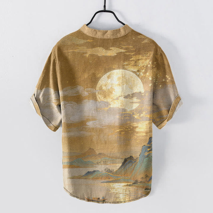 Buddha Stones コットン製 月雲山柄 メンズ 半袖ハーフボタンシャツ - image 1