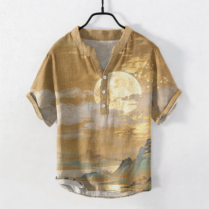 Buddha Stones コットン製 月雲山柄 メンズ 半袖ハーフボタンシャツ - ゴールデンロッド - US/UK/AU50、EU60（5XL） - image 0