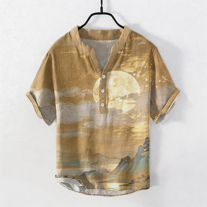 Buddha Stones コットン製 月雲山柄 メンズ 半袖ハーフボタンシャツ - ゴールデンロッド - US/UK/AU50、EU60（5XL） - image 0