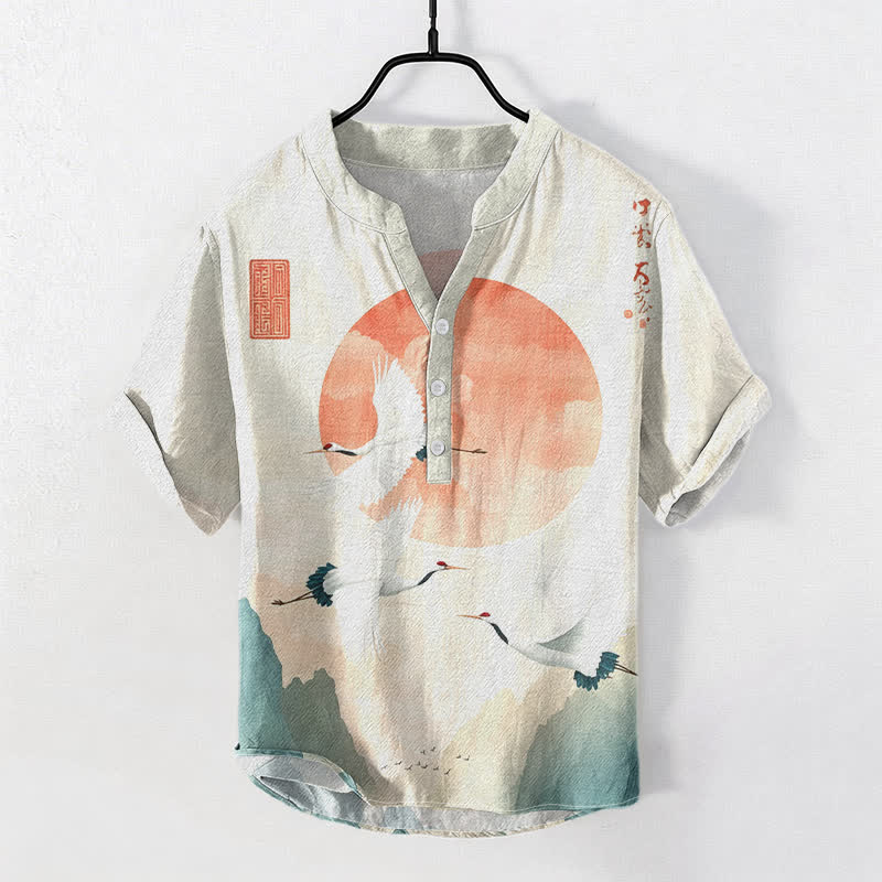 Buddha Stones コットン製 レッドサン 飛鶴柄 メンズ 半袖 ハーフボタンシャツ - リネン - US/UK/AU50、EU60（5XL） - image 0