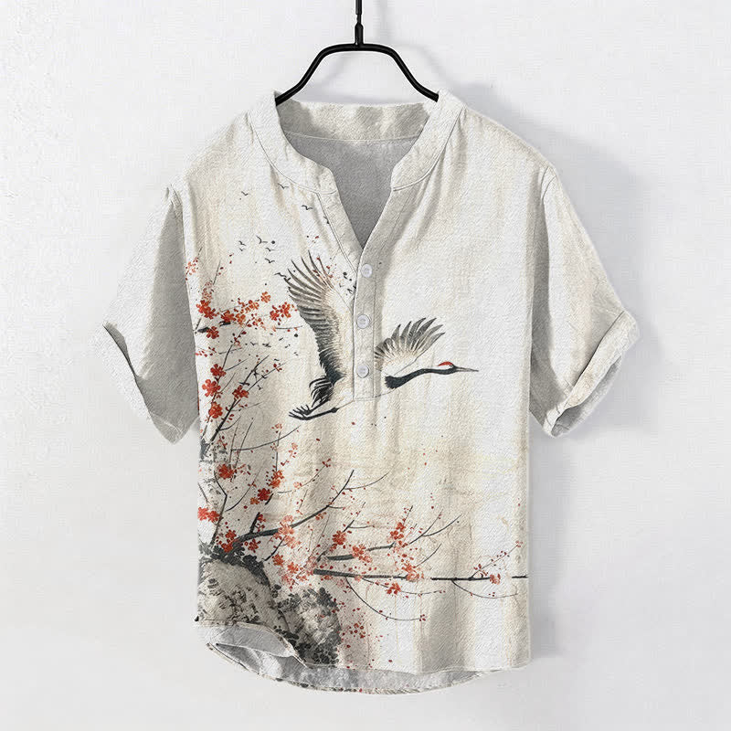 Buddha Stones 綿鶴梅花柄メンズ半袖ハーフボタンシャツ - リネン - US/UK/AU50、EU60（5XL） - image 0
