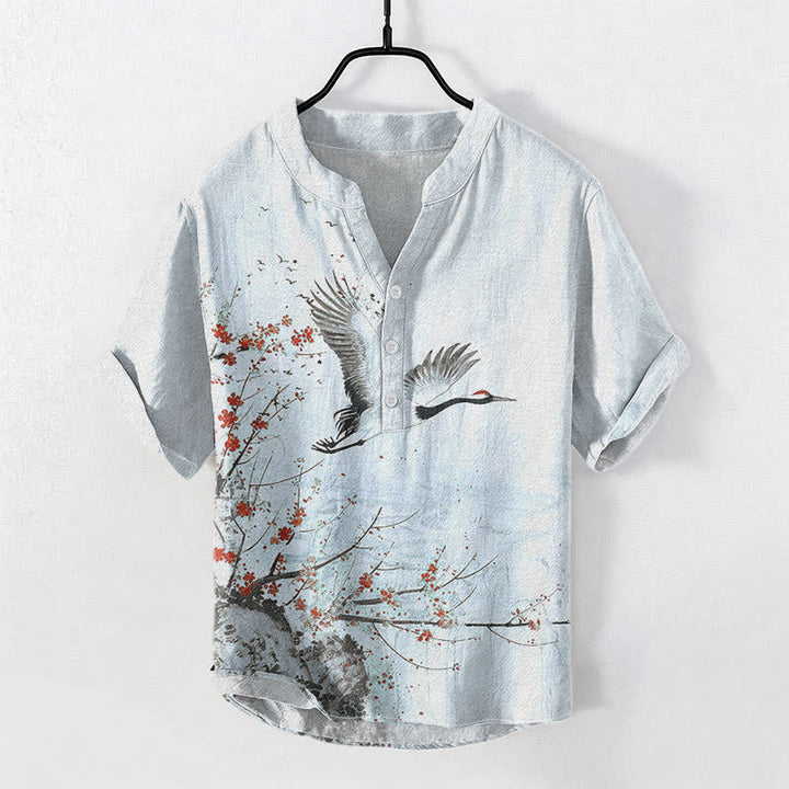Buddha Stones 綿鶴梅花柄メンズ半袖ハーフボタンシャツ - 水色 - US/UK/AU50、EU60（5XL） - image 6