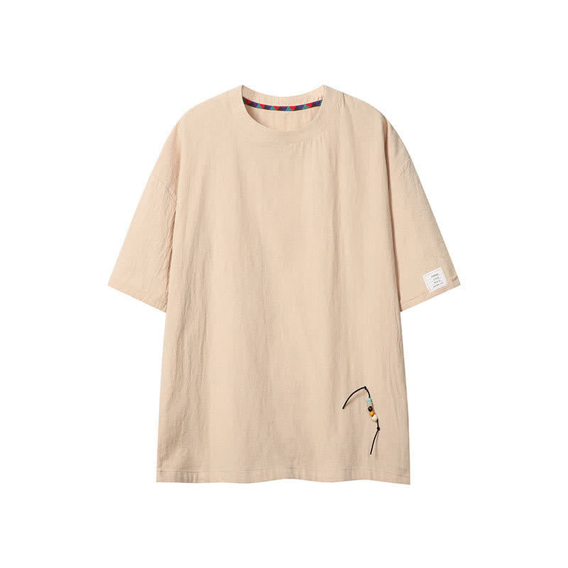 Buddha Stones 夏物カジュアルボヘミアン風ドローストリング無地メンズ半袖Tシャツ - ベージュ - US/UK/AU46, EU56 （5XL） - image 0