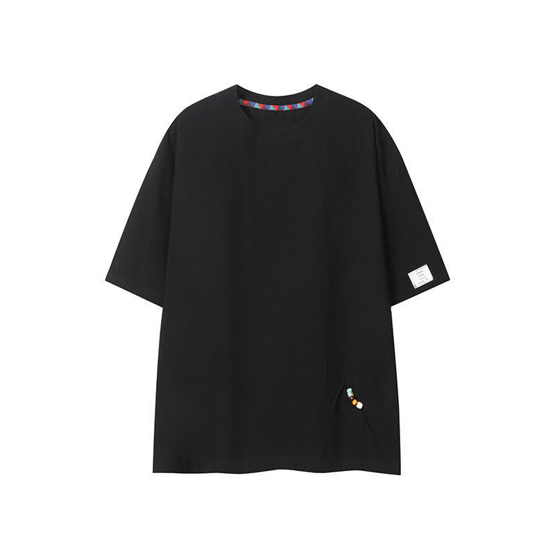 Buddha Stones 夏物カジュアルボヘミアン風ドローストリング無地メンズ半袖Tシャツ - 黒 - US/UK/AU46, EU56 （5XL） - image 12