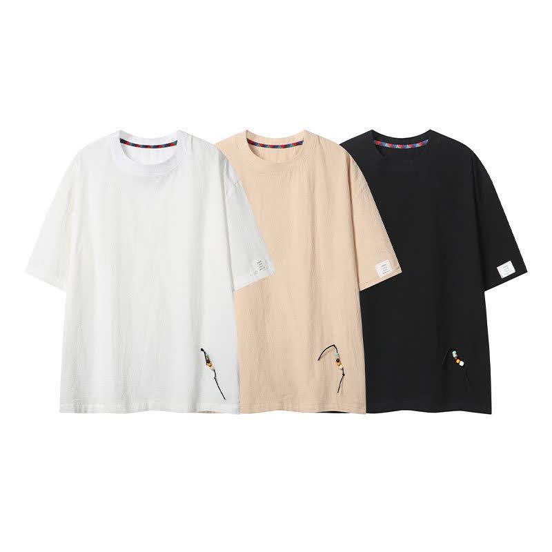 Buddha Stones 夏物カジュアルボヘミアン風ドローストリング無地メンズ半袖Tシャツ - image 16
