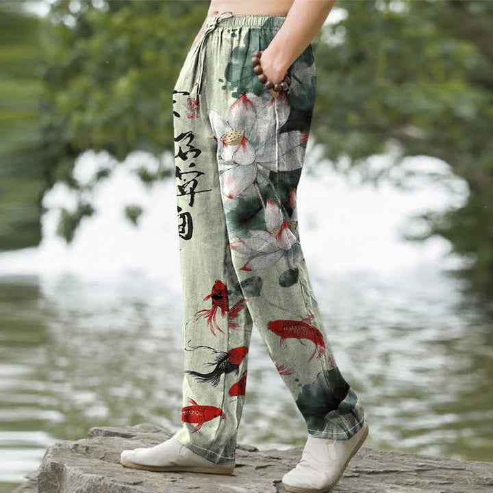 Buddha Stones コットン素材、蓮の鯉の墨模様のメンズテーパードパンツ（ポケット付き） - image 7