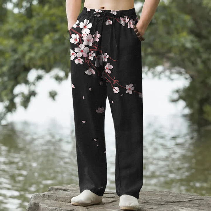 Buddha Stones 綿素材、ピンクの桜柄、メンズテーパードパンツ（ポケット付き） - 黒 - US/UK/AU50、EU60（5XL） - image 0